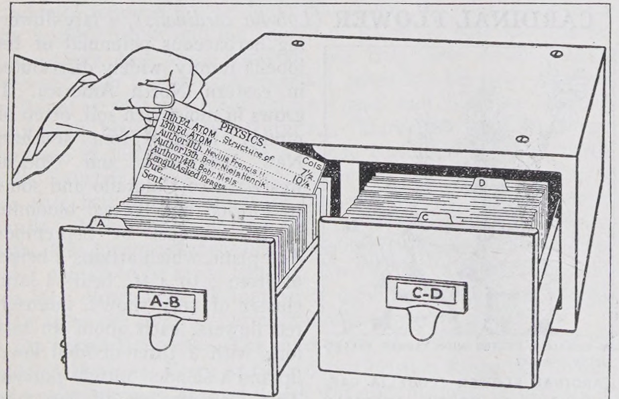 A hand selecting a card from an index with labelled drawers.